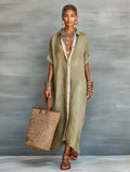 Maxi Shirt Dress Linen Blend Short Sleeve Minimalist Fit 5