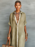 Maxi Shirt Dress Linen Blend Short Sleeve Minimalist Fit 6
