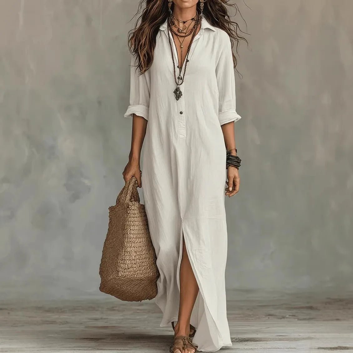 Maxi Shirt Dress Linen Cotton Three Quarter Sleeve Loose Fit