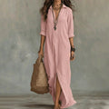 Maxi Shirt Dress Linen Cotton Three Quarter Sleeve Loose Fit 4