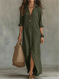 Maxi Shirt Dress Linen Cotton Three Quarter Sleeve Loose Fit 6