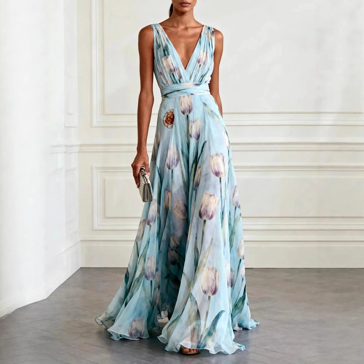Maxi Wrap Dress Chiffon Deep V-Neck Sleeveless Floor Length