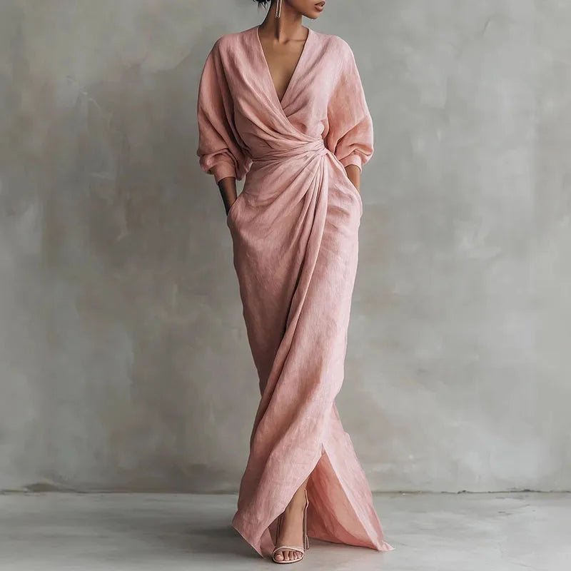 Maxi Wrap Dress Bodycon Deep V-Neck Long Sleeve