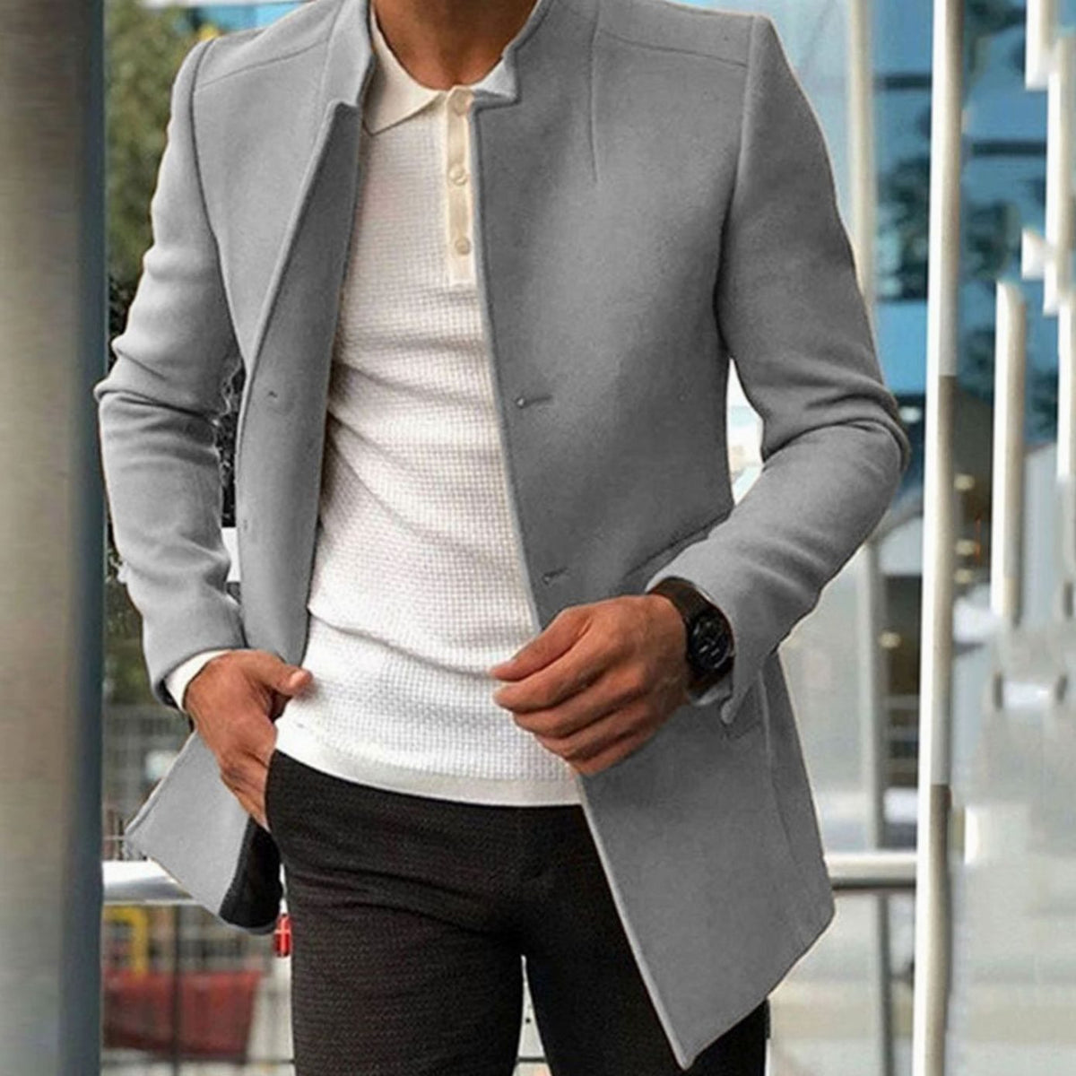 Men's Slim Fit Overcoat, Collarless Wool Blend