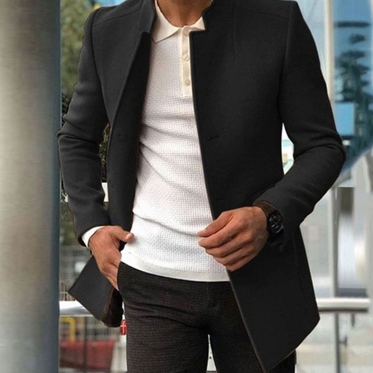 Men's Slim Fit Overcoat, Collarless Wool Blend