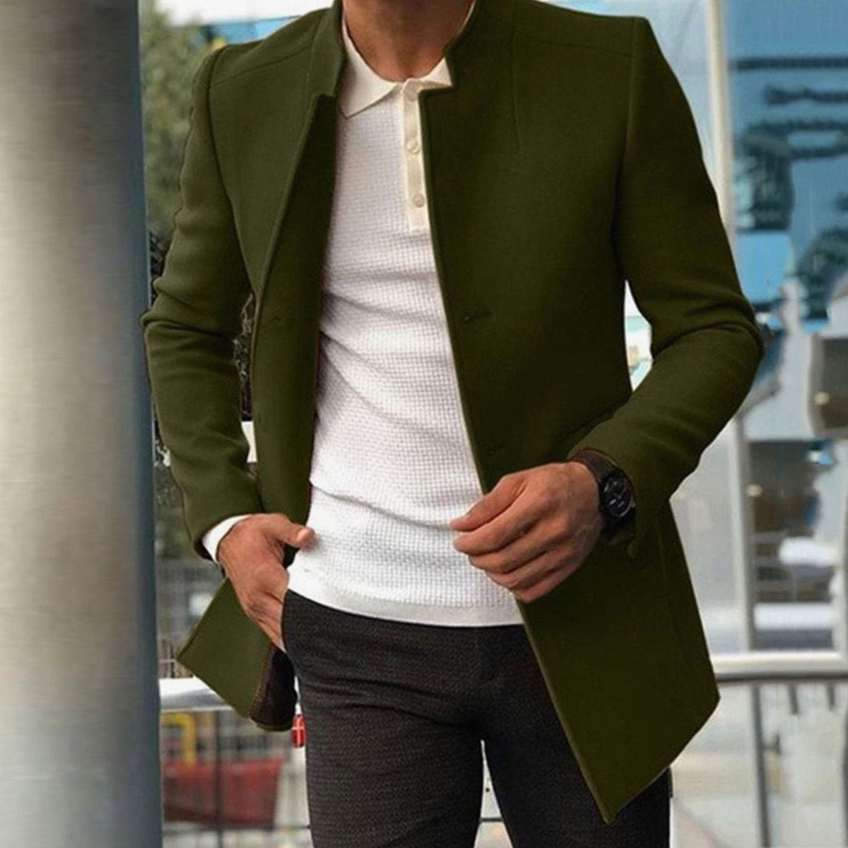 Men's Slim Fit Overcoat, Collarless Wool Blend
