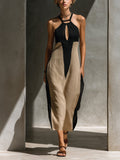Midi Halter Dress Color Block Keyhole Cutout Cotton Blend 1