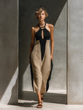 Midi Halter Dress Color Block Keyhole Cutout Cotton Blend 2