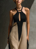 Midi Halter Dress Color Block Keyhole Cutout Cotton Blend 3