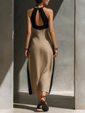 Midi Halter Dress Color Block Keyhole Cutout Cotton Blend 6