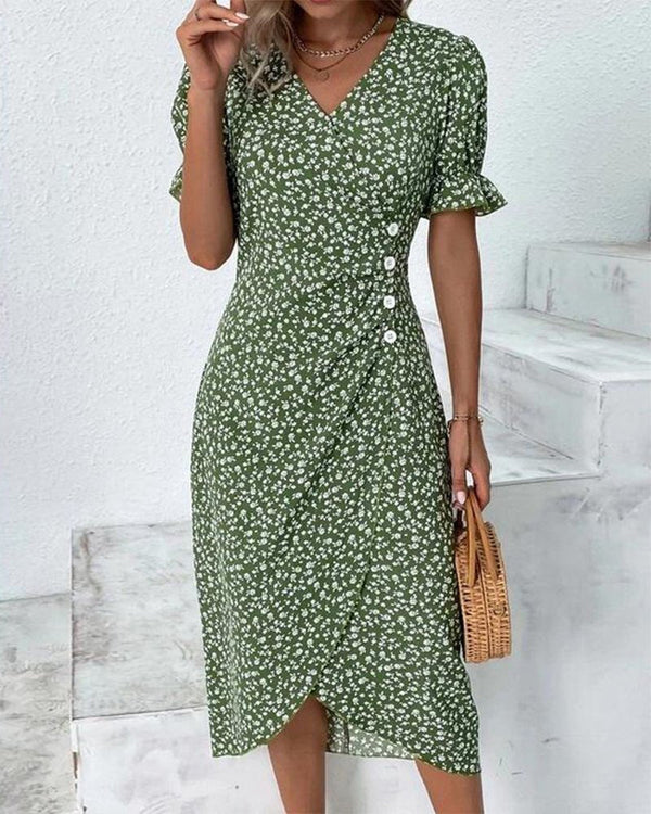 Midi Wrap Dress V-Neck Floral Print Button Side