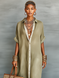 Linen Blend Short Sleeve Shirt Maxi Dress for Women 6