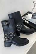 Women's Chunky Buckle Boots, Block Heel Strap Detail 1