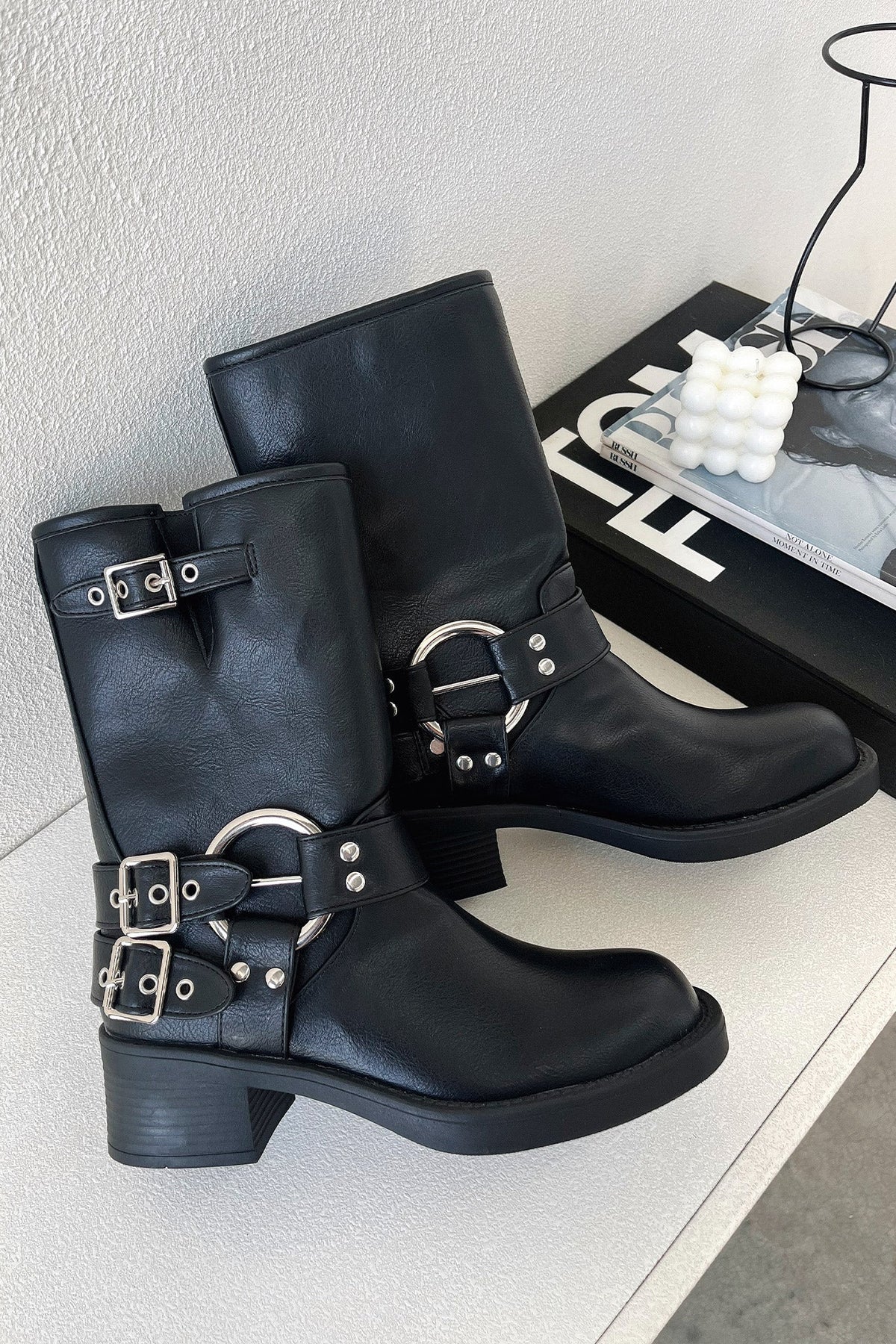 Women's Chunky Buckle Boots, Block Heel Strap Detail