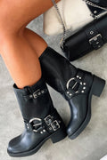 Women's Chunky Buckle Boots, Block Heel Strap Detail 3