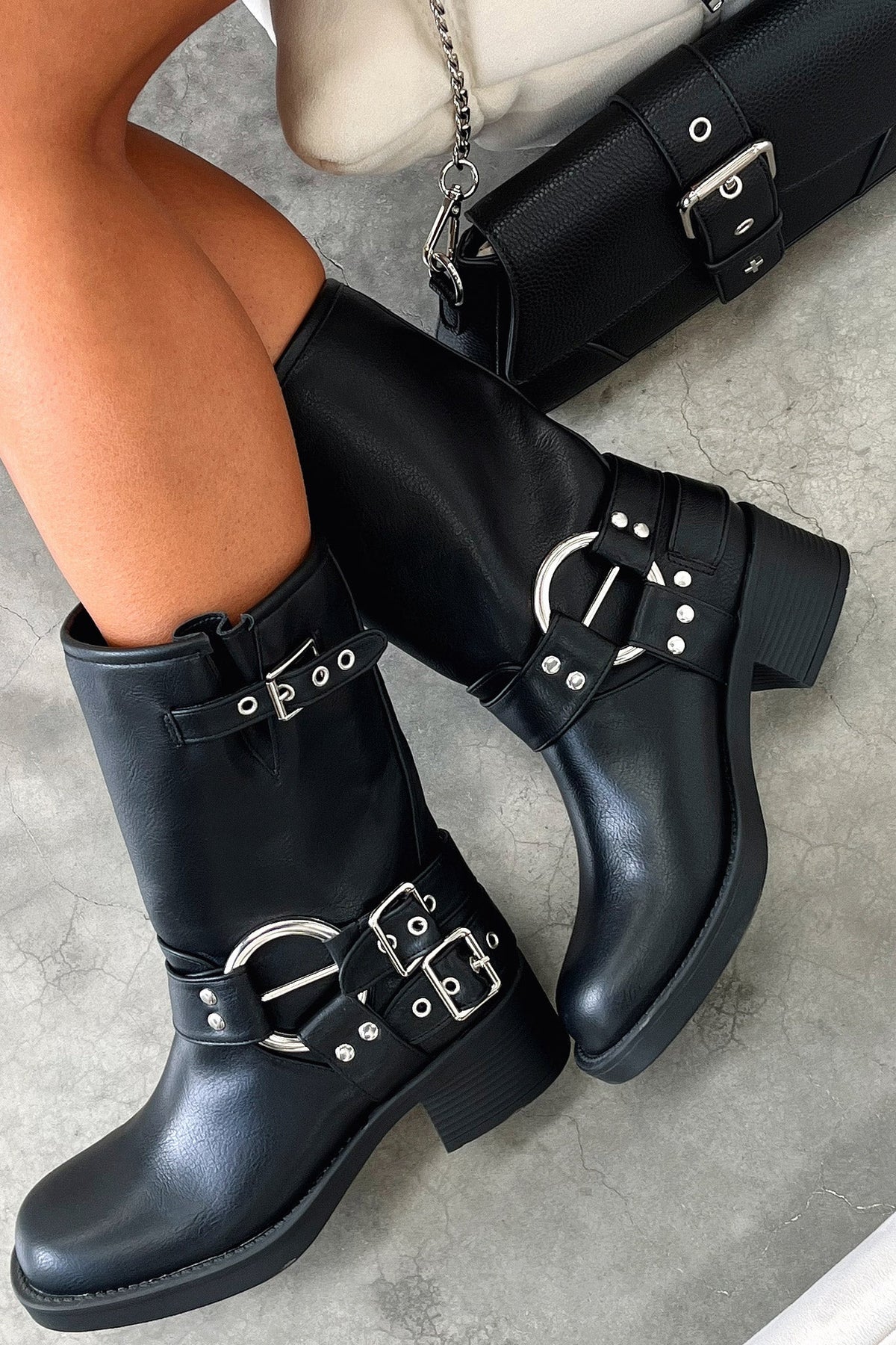 Women's Chunky Buckle Boots, Block Heel Strap Detail