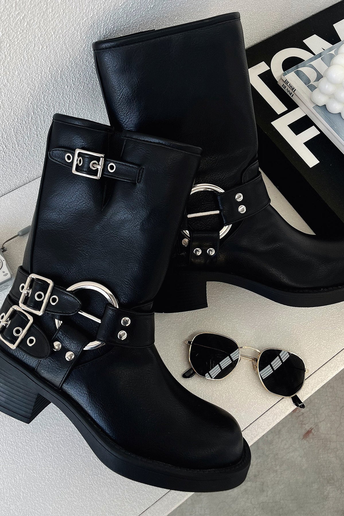 Women's Chunky Buckle Boots, Block Heel Strap Detail