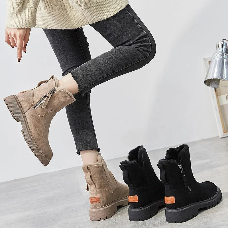 Women's Chunky Ankle Boots, Faux Suede Side Zip Warm Lined