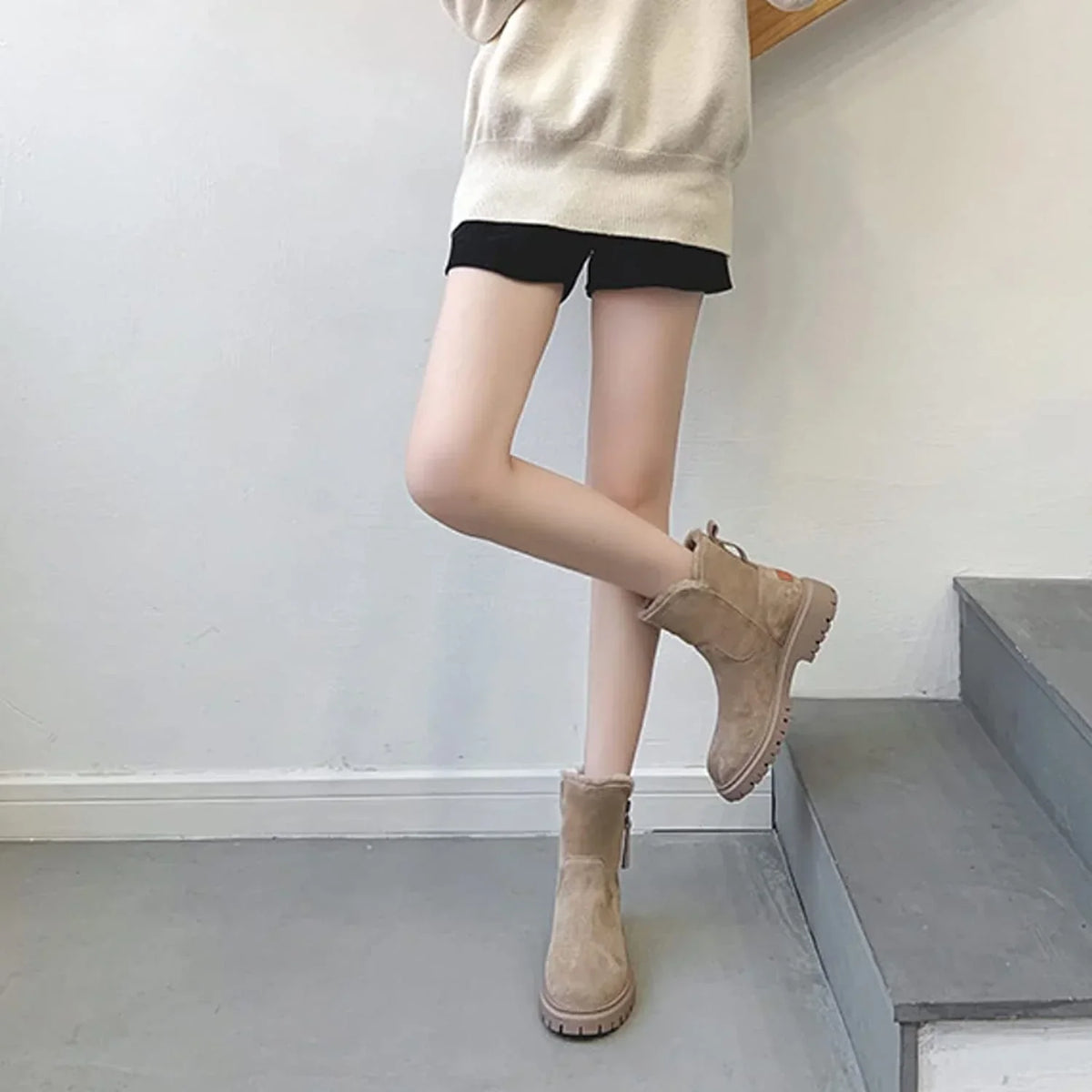Women's Chunky Ankle Boots, Faux Suede Side Zip Warm Lined
