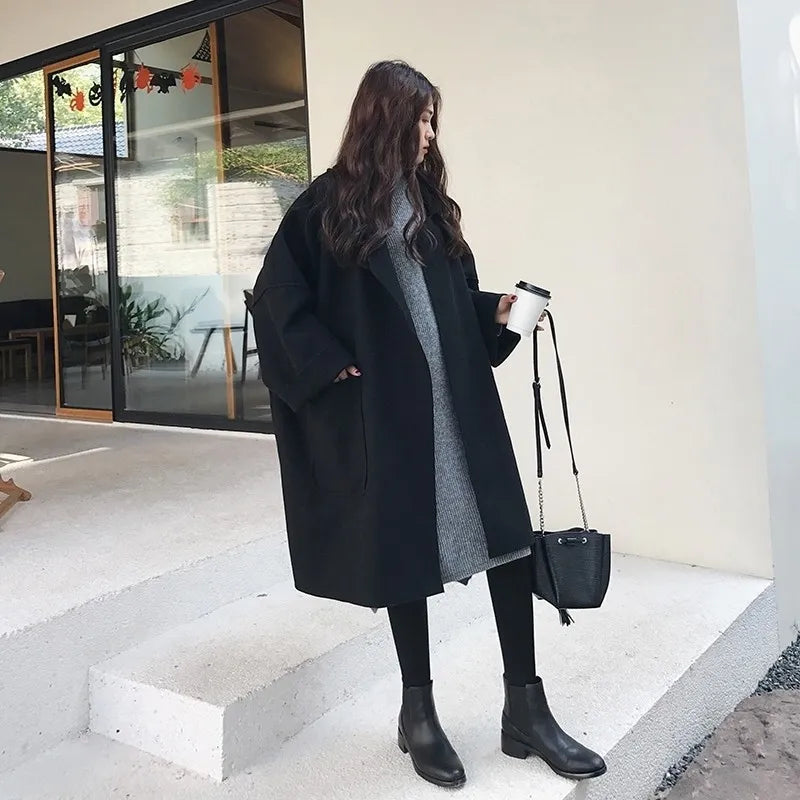 Women's Oversized Wool Blend Coat, Belted with Patch Pockets