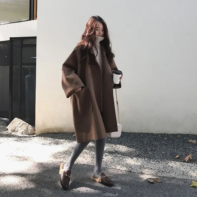 Women's Oversized Wool Blend Coat, Belted with Patch Pockets