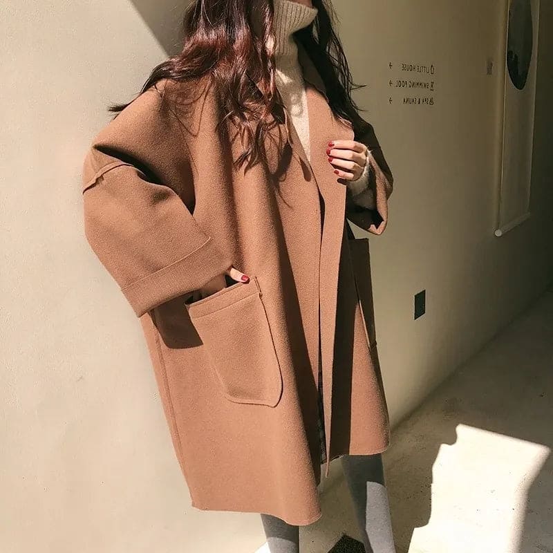Women's Oversized Wool Blend Coat, Belted with Patch Pockets
