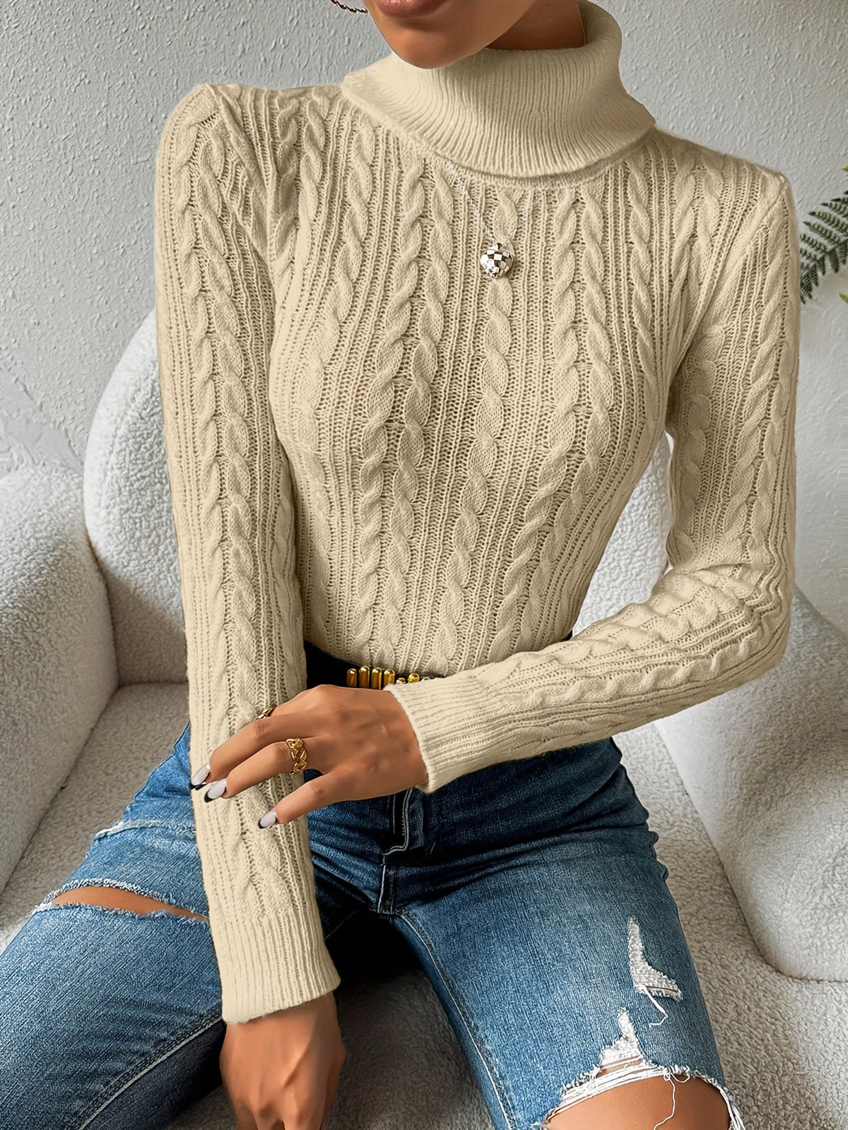 Noor | Slim Fit Cable Knit Turtleneck Sweater for Women