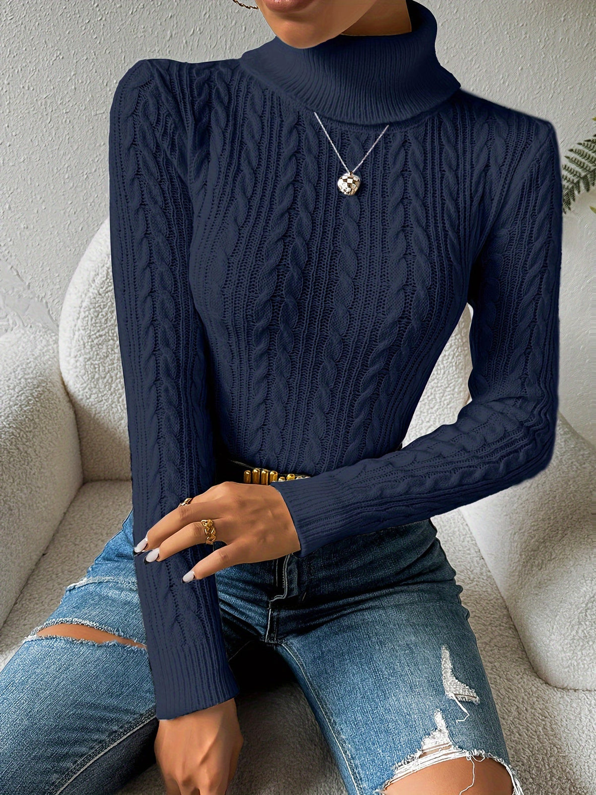 Noor | Slim Fit Cable Knit Turtleneck Sweater for Women