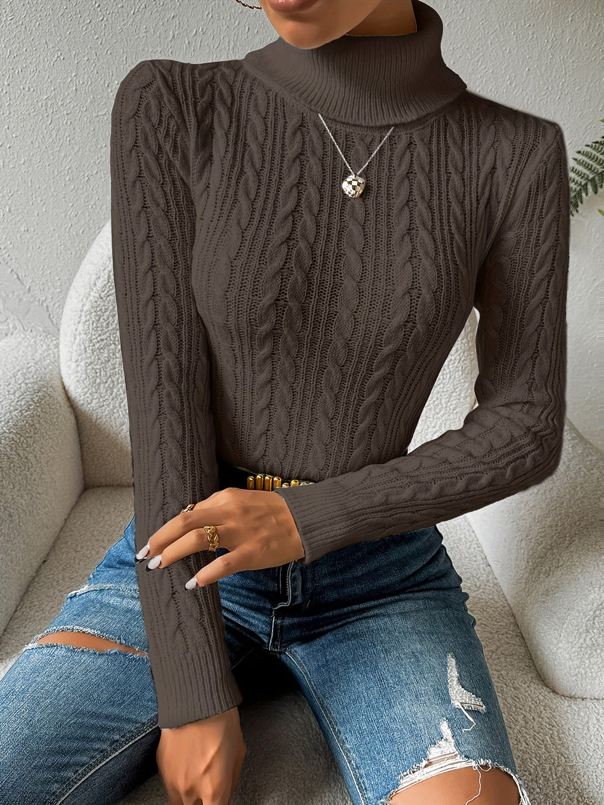 Noor | Slim Fit Cable Knit Turtleneck Sweater for Women