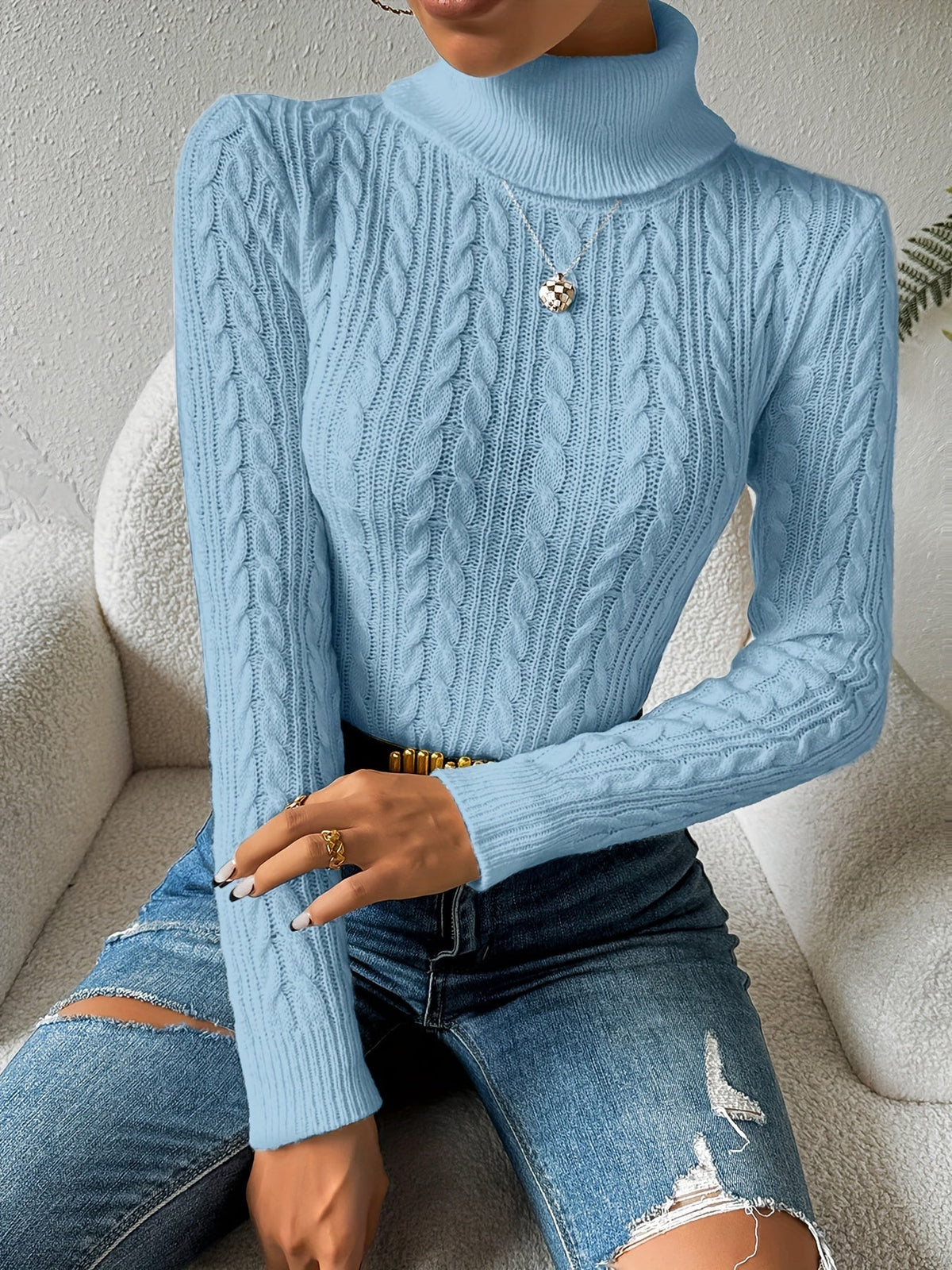 Noor | Slim Fit Cable Knit Turtleneck Sweater for Women