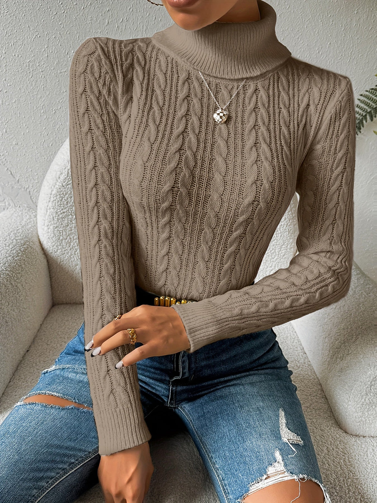Noor | Slim Fit Cable Knit Turtleneck Sweater for Women