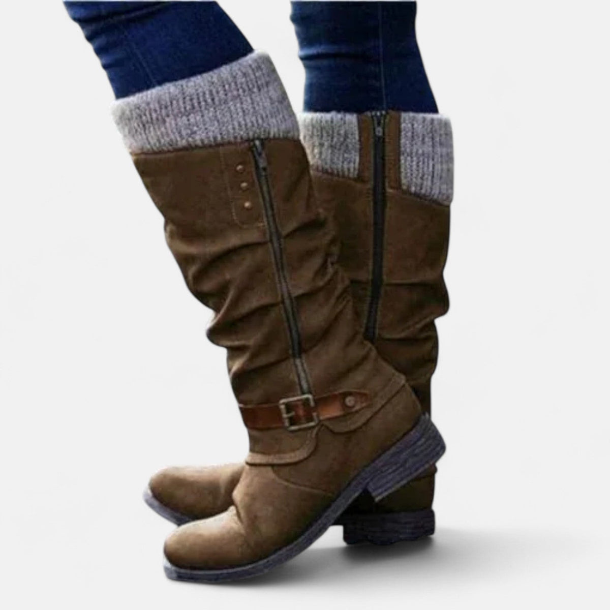 Women's Slouch Mid-Calf Boots, Knit Cuff and Buckle Detail