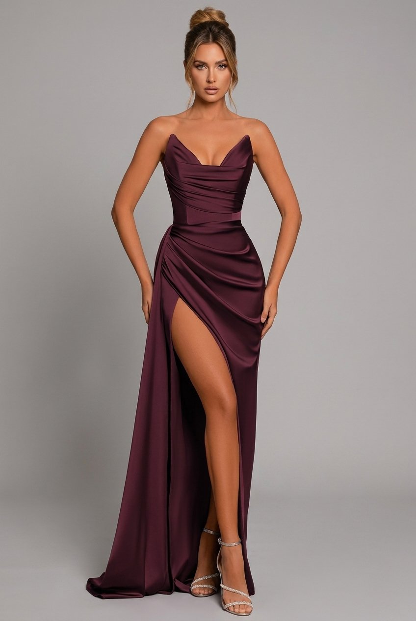 Satin Maxi Dress Sweetheart Ruched Split Detail