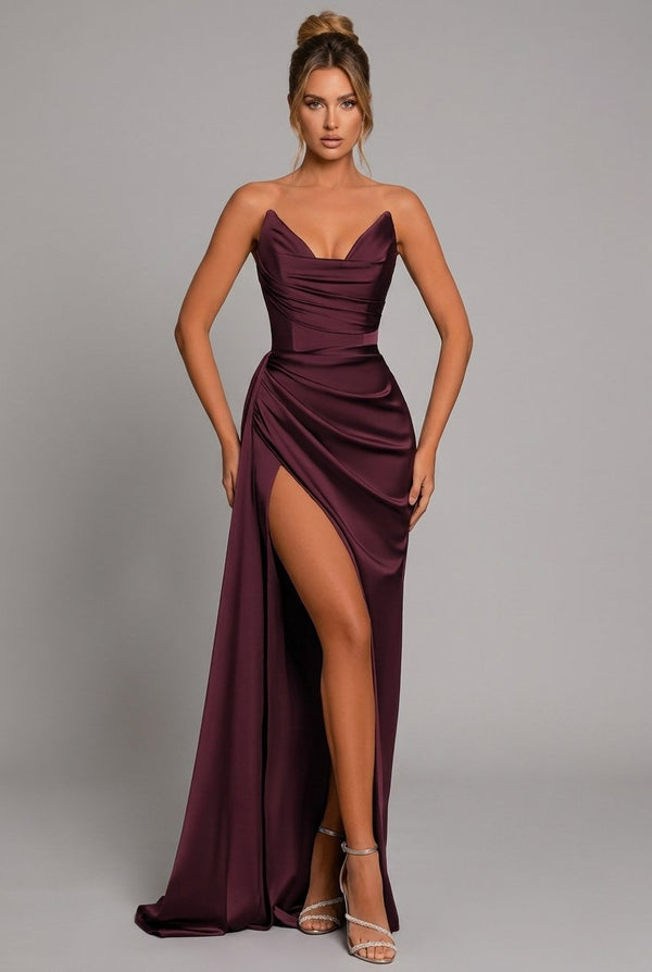 Satin Maxi Dress Sweetheart Ruched Split Detail