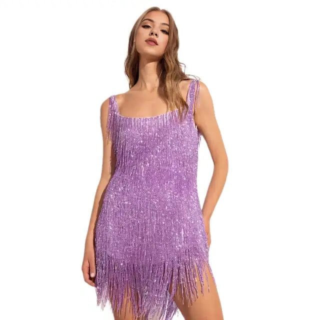 Women's Sequin Fringe Mini Dress, Sleeveless Party Dress
