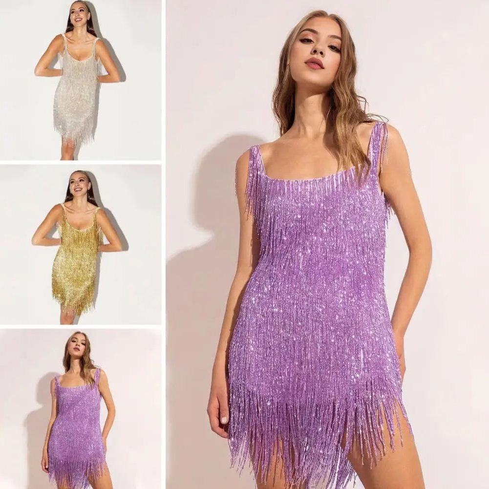 Women's Sequin Fringe Mini Dress, Sleeveless Party Dress