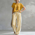 Two Piece Linen Set Short Sleeve Top Wide Leg Pants 1