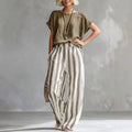 Two Piece Linen Set Short Sleeve Top Wide Leg Pants 3