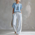 Two Piece Linen Set Short Sleeve Top Wide Leg Pants 4