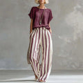 Two Piece Linen Set Short Sleeve Top Wide Leg Pants 5