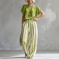 Two Piece Linen Set Short Sleeve Top Wide Leg Pants 6