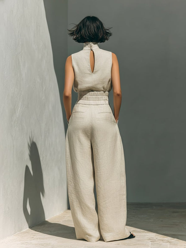 Two Piece Linen Set Sleeveless Top Wide Leg Pants