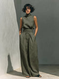 Two Piece Linen Set Sleeveless Top Wide Leg Pants 3