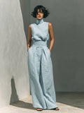 Two Piece Linen Set Sleeveless Top Wide Leg Pants 4