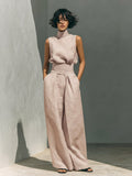 Two Piece Linen Set Sleeveless Top Wide Leg Pants 5