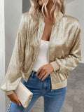 Gold Bomber Jacket for Women, Ribbed Trim Cropped 3