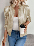 Gold Bomber Jacket for Women, Ribbed Trim Cropped 4