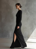 Women's Black Jersey Maxi Dress Off-Shoulder Ruched Slit 5