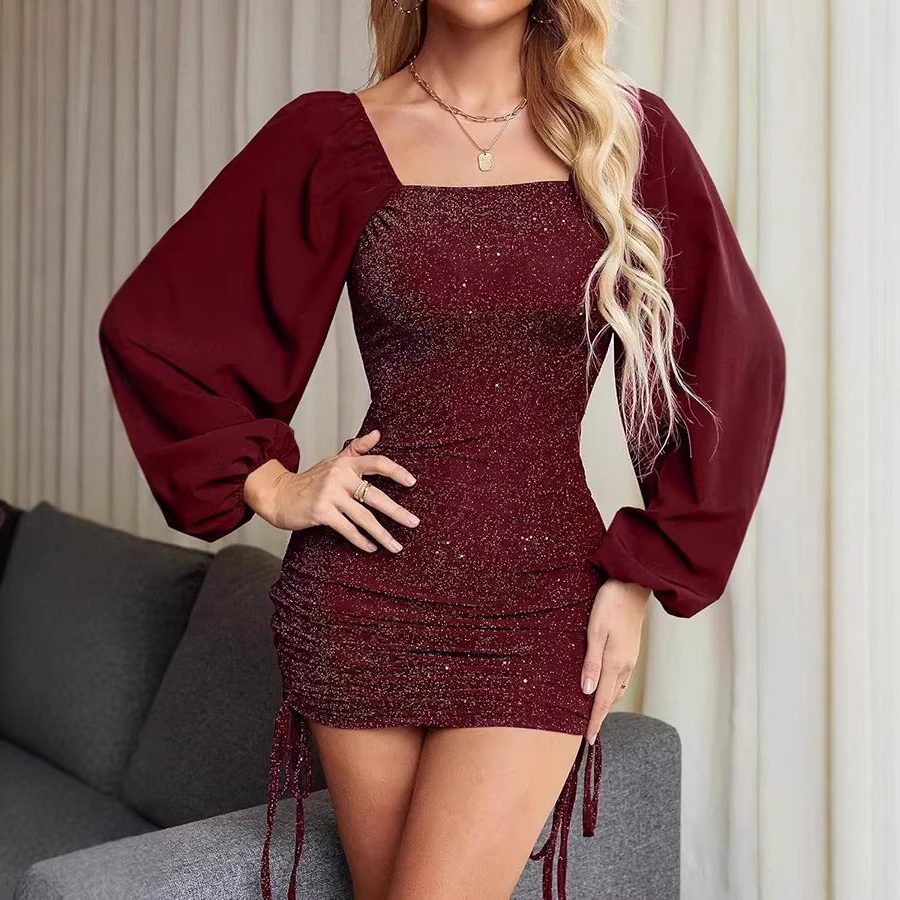 Women's Sequin Mini Dress, Balloon Sleeve Christmas Party Dress