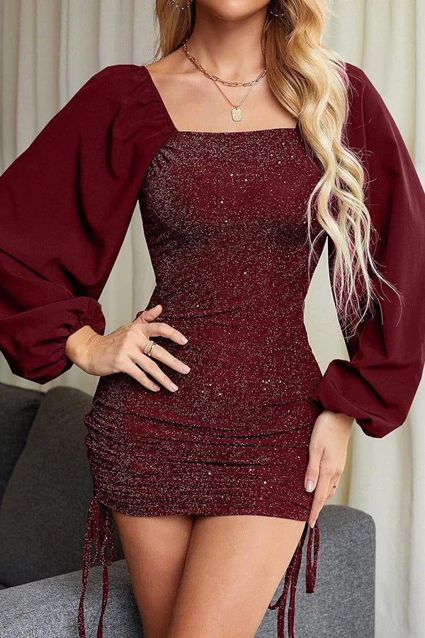Women's Sequin Mini Dress, Balloon Sleeve Christmas Party Dress